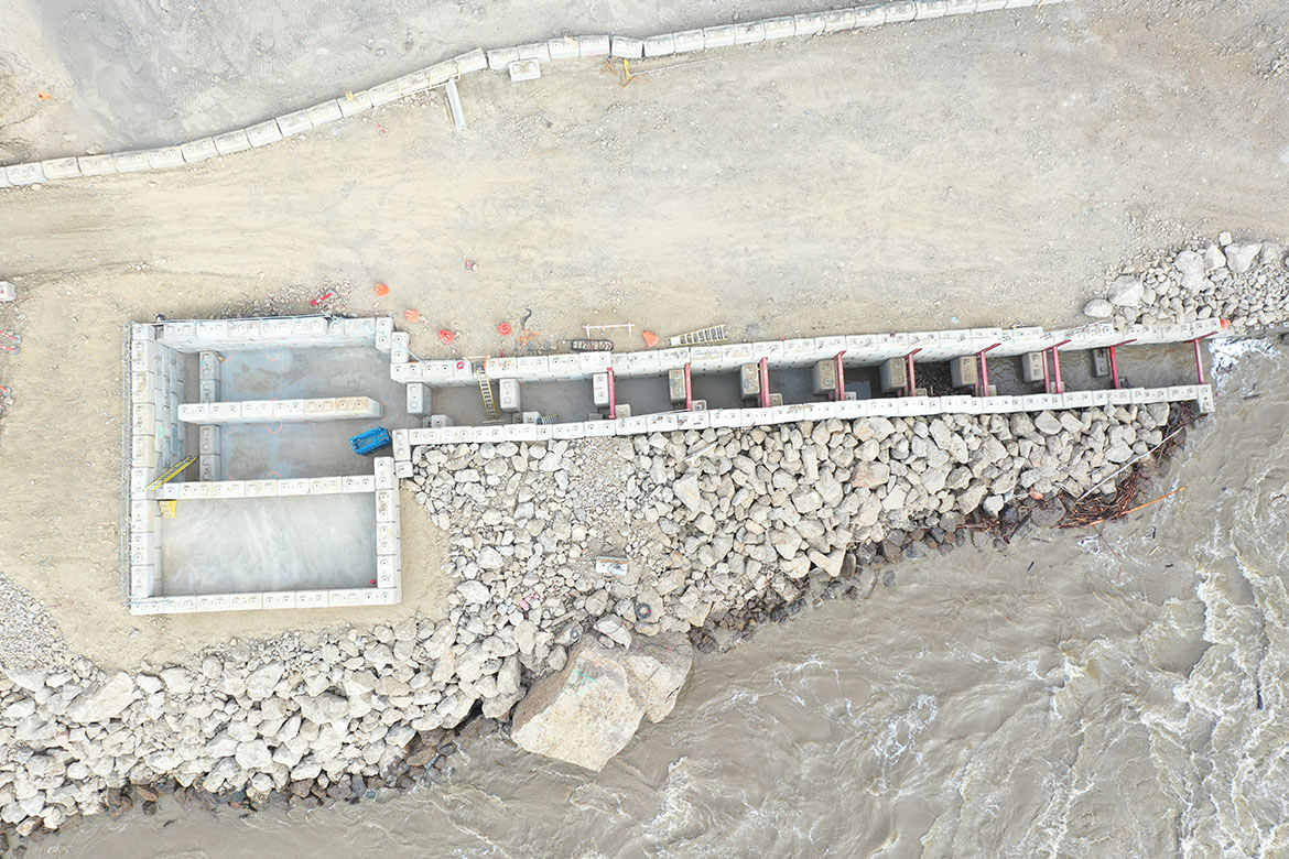 An aerial image of the concrete fish ladder